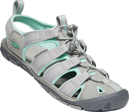 Gray sandal with light blue accents featuring straps and a drawstring closure.