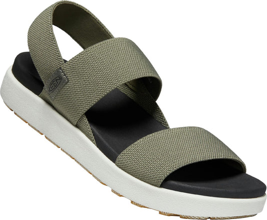 Angled-view of a sandal with two olive-green textile straps on a white sole.