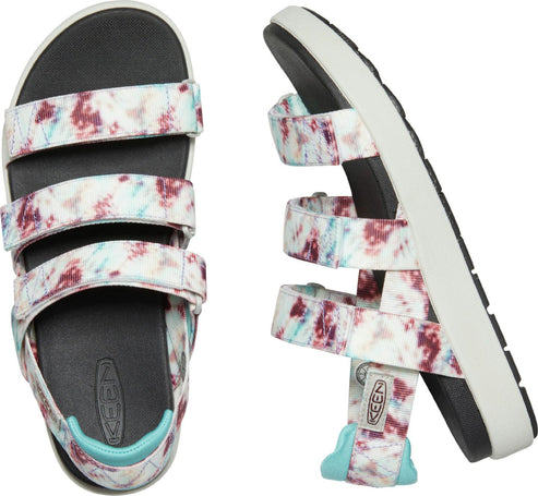 Two KEEN sandals: Top view shows a sandal with three white, burgundy, and blue patterned straps over a dark insole. Second sandal, angled, shows patterned straps, white midsole, and dark outsole.