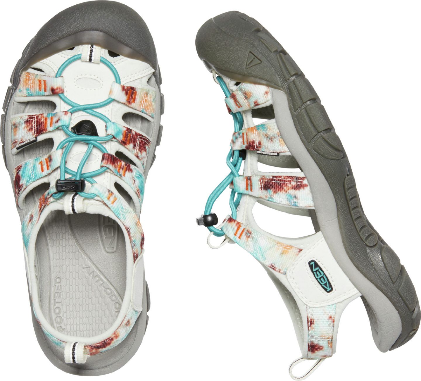 Two views of a white sandal with a teal elastic lace closure and a tie-dye watercolor design.