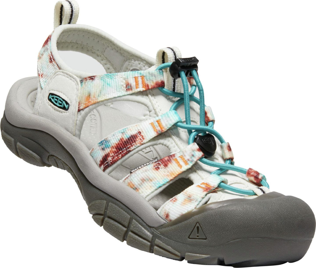 Tie-dyed sandal with adjustable blue laces and a grey sole.
