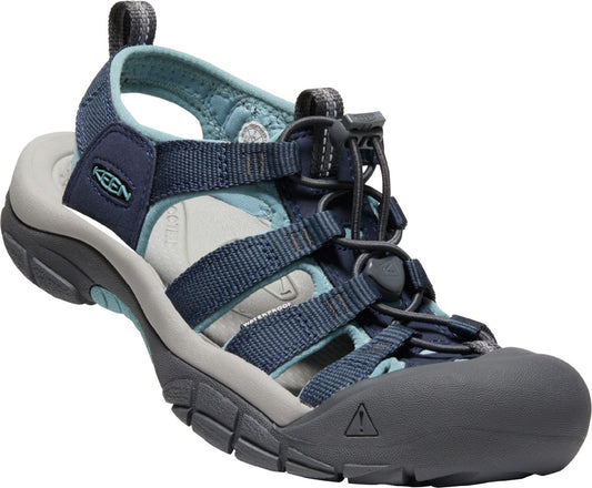 Blue sandal with gray sole, open heel and toe, adjustable straps and bungee cord.