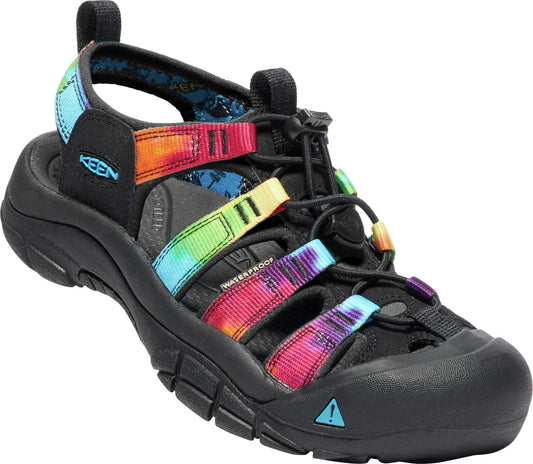 Black sandal with tie dye patterned straps and a cyan toe cap accent.