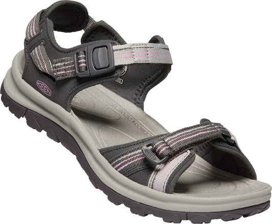 Gray sandal with adjustable straps and buckle closures.