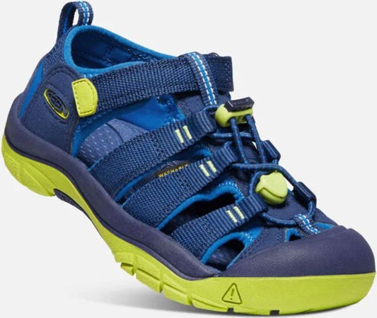 Blue and green sandal with adjustable straps and toe protection.