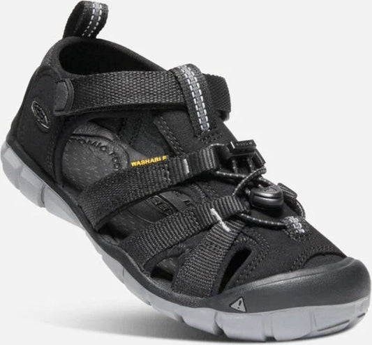 Black sandal with multiple straps, adjustable closures, a reinforced toe cap, and a gray sole.