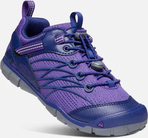 Purple mesh athletic shoe with blue accents, pull tab, and grey sole.