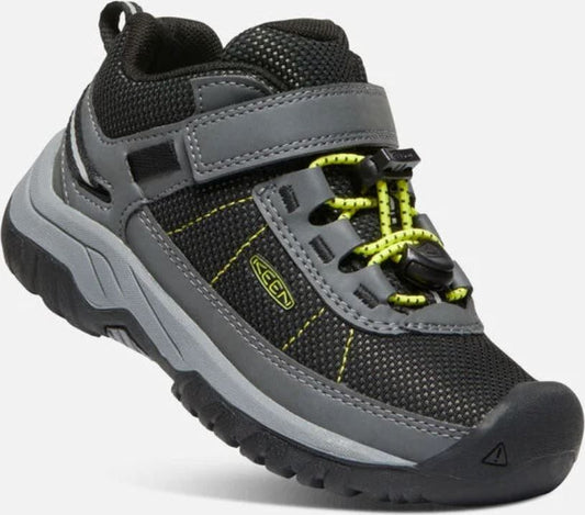 Low-top black and gray child's shoe with yellow laces and a hook and loop fastener strap.