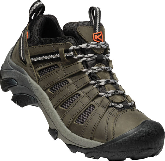 Hiking shoe with a dark brown leather upper, black toe cap and trim, gray sole, and gray and white laces.