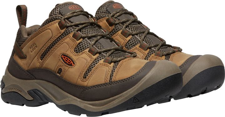 Pair of brown hiking shoes with black soles and dark brown laces.