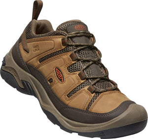 Low-cut brown leather hiking shoe with dark laces, a mesh upper, toe bumper, and heel lock feature.