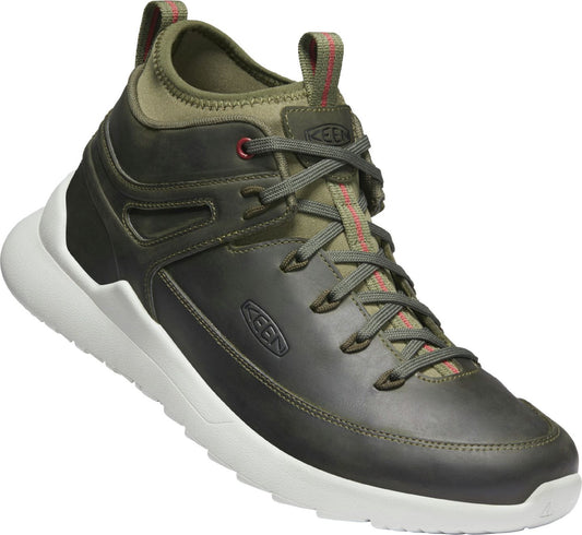 High-top olive green sneaker with white soles, featuring matching laces and pull tabs.