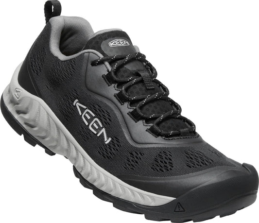 Black athletic shoe with gray accents, mesh upper, patterned laces and a visible logo that reads "KEEN".