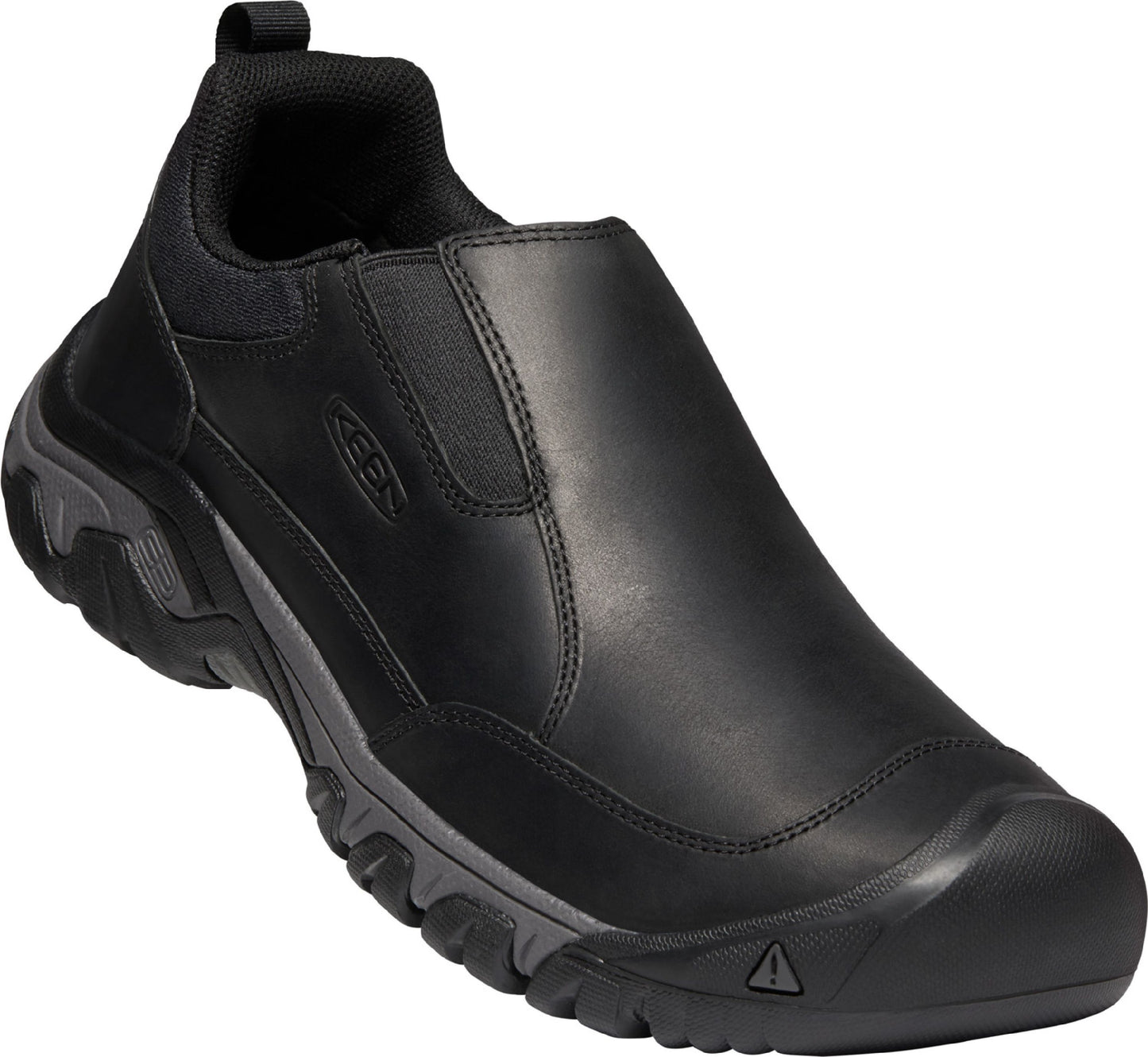 Black leather slip-on shoe with elastic gussets and toe cap.