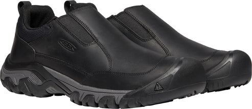 A pair of black slip-on shoes with a thick sole.