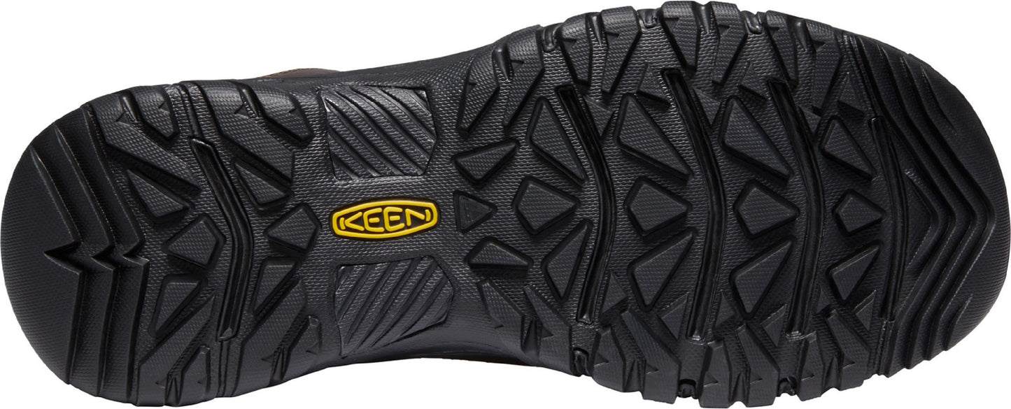 Black rugged shoe sole with yellow "KEEN" logo.
