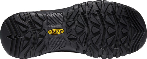 Black rugged shoe sole with yellow "KEEN" logo.