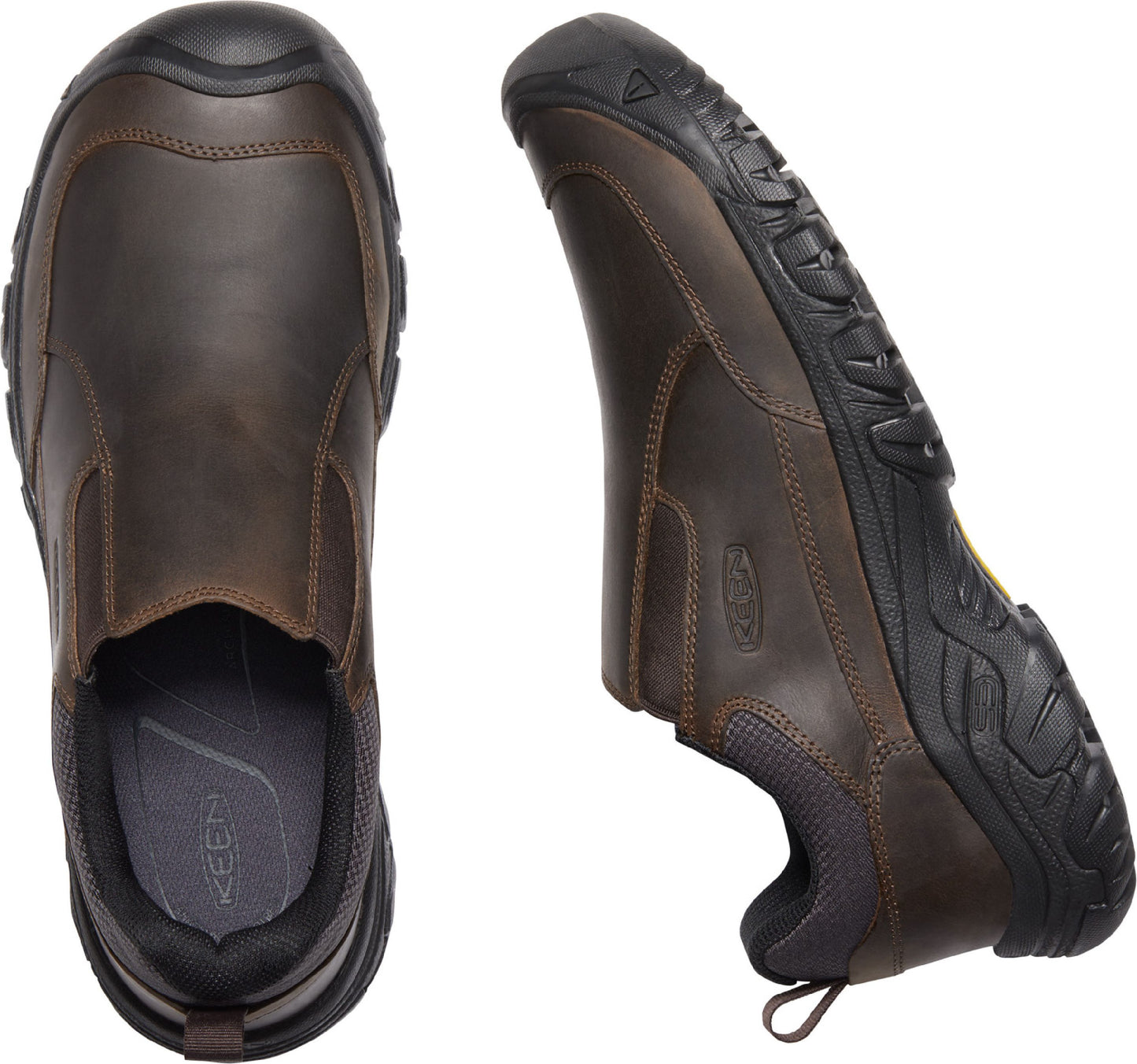 A pair of brown leather slip-on shoes with black soles.