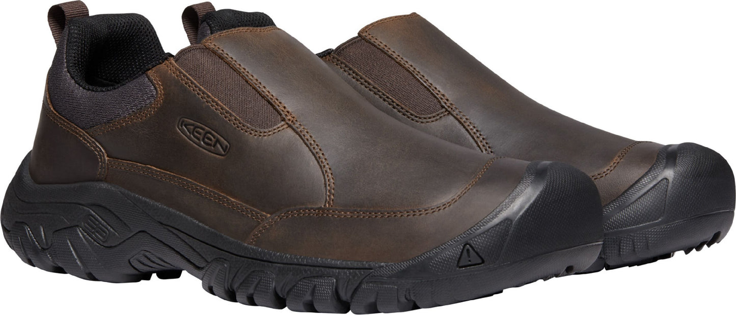 A pair of brown leather slip-on shoes with black soles.