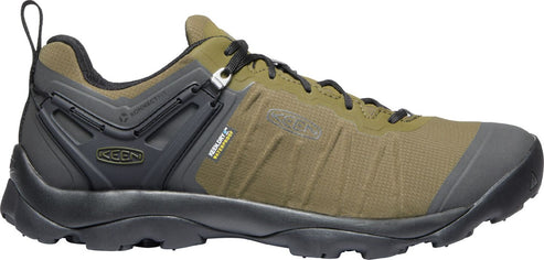 A hiking shoe with dark laces, green body, and a black sole.