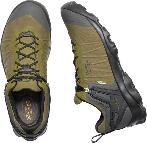 Two views of a hiking shoe: top-down showing the laces, and a side-view, olive-green and gray with "KEEN.DRY" on the side.