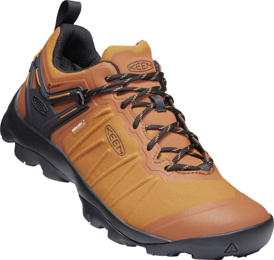 Orange and black hiking shoe with black laces and a lugged sole.