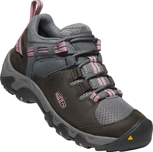 Hiking shoe in gray and dark brown with pink accents.