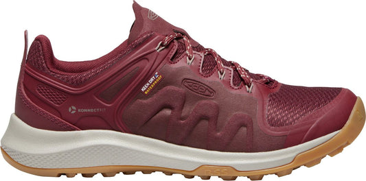 A dark-red KEEN waterproof sneaker with light-brown soles.