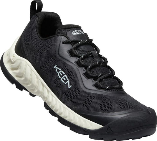 Black athletic shoe with a white sole and KEEN logo.