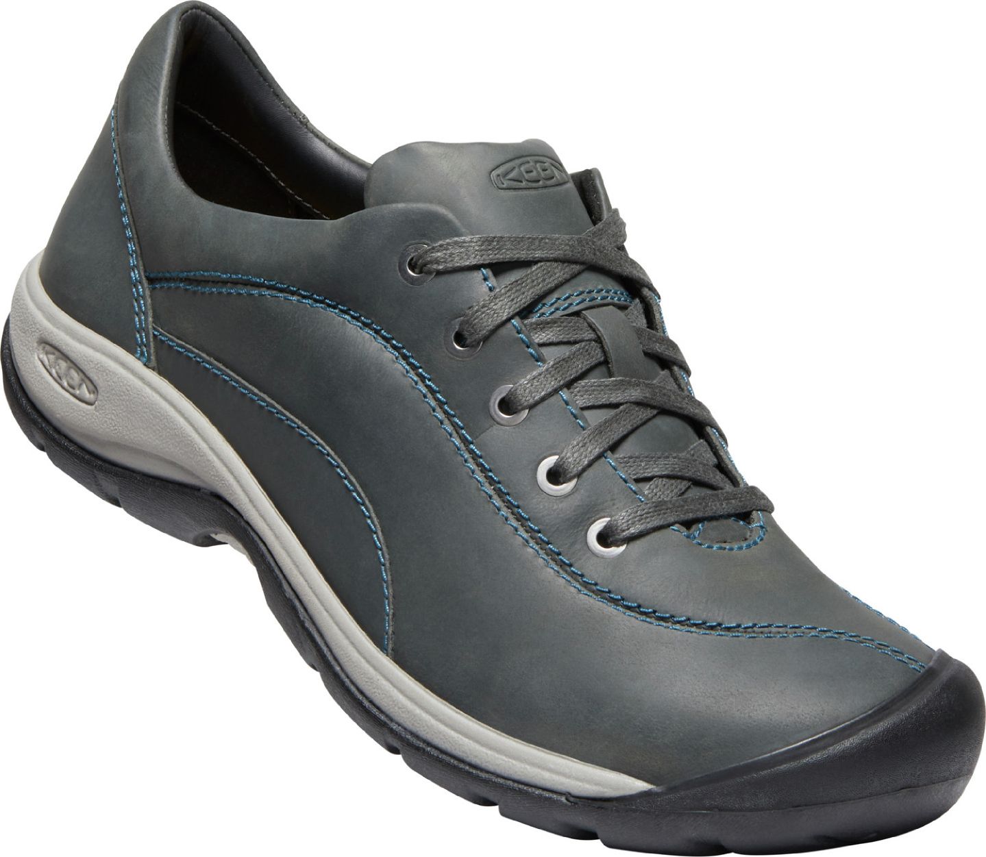 Gray low-top leather sneaker with blue stitching and gray laces.