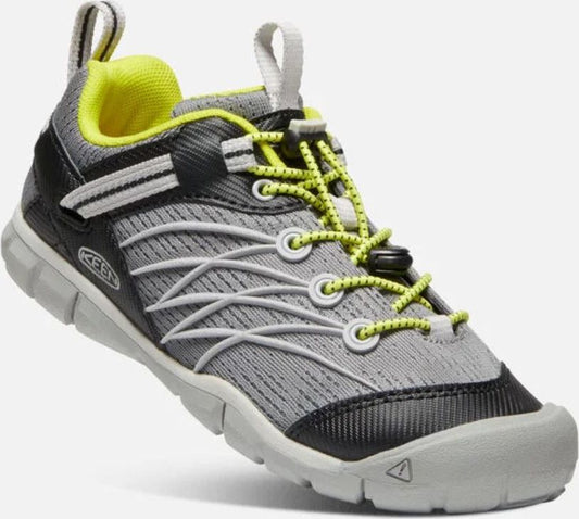 Gray and black sneaker with neon green laces and heel lining, with white stripes.