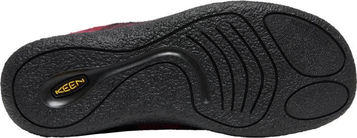 A black sole with KEEN logo and patterned treads.