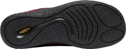 A black sole with KEEN logo and patterned treads.