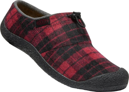 Red and black plaid slip-on shoe with black soles.