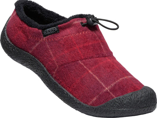 Red and white plaid slipper with black trim and sole and an elastic cord at the top.