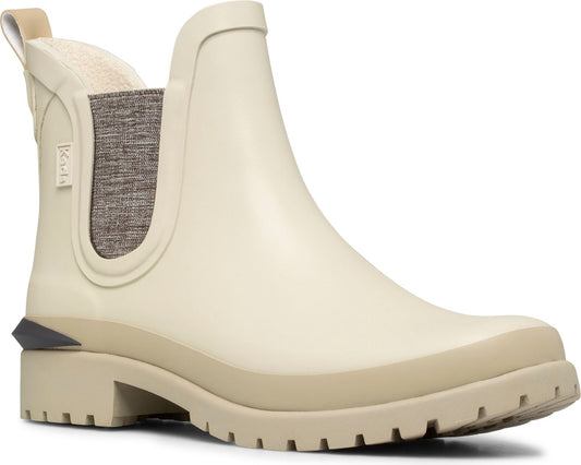 Cream ankle boot with thick lug sole and grey knit elastic ankle.