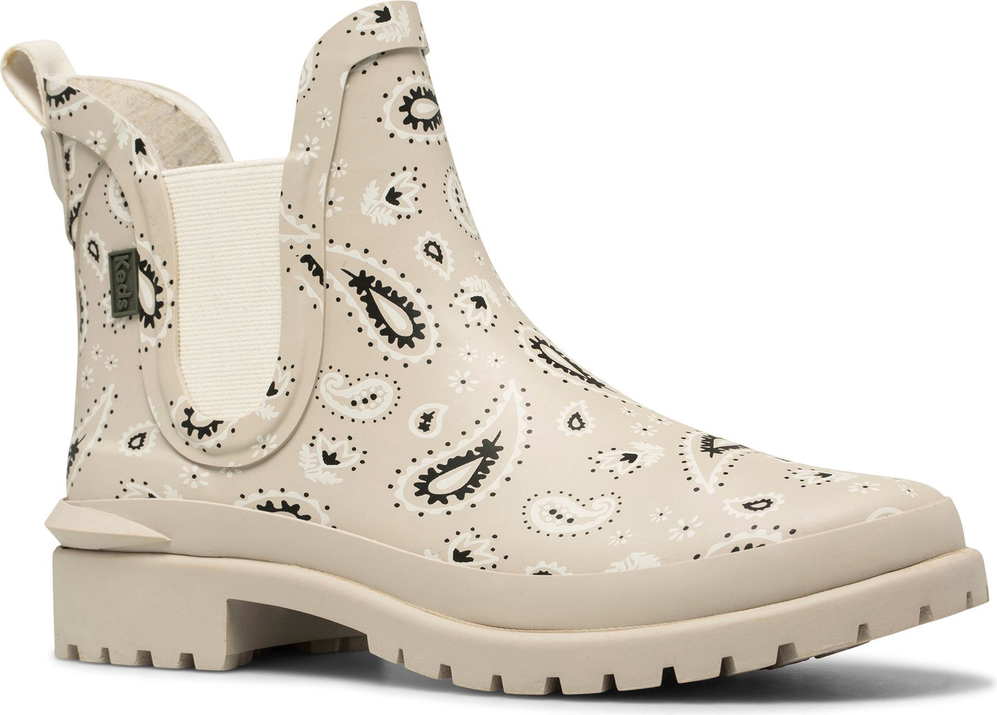 Beige paisley Chelsea rain boot with a lug sole.