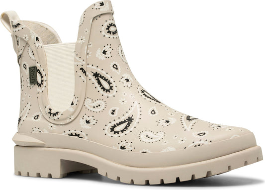 Beige paisley Chelsea rain boot with a lug sole.
