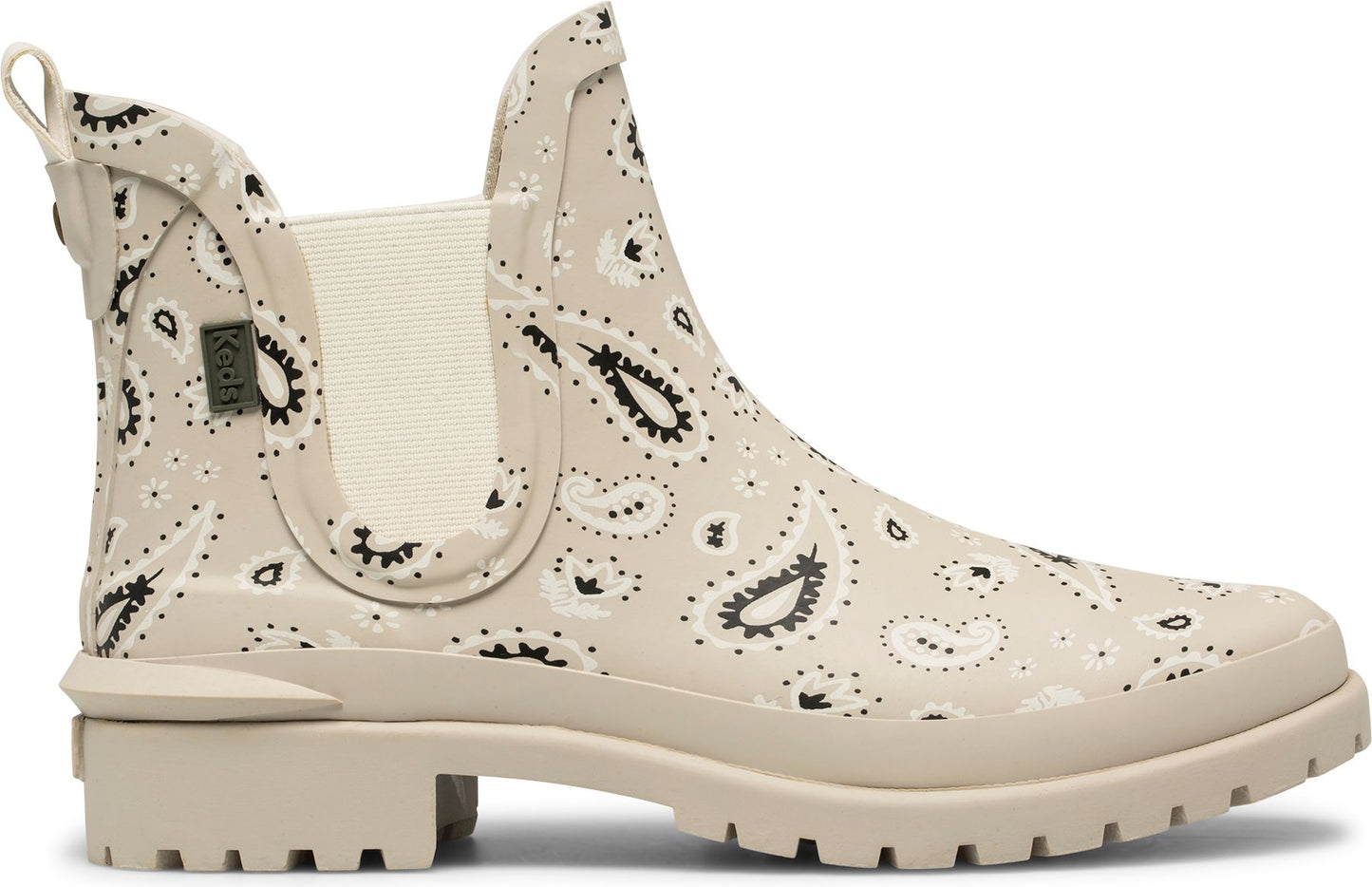 Beige paisley-patterned Chelsea boot with a stacked heel and elastic side panels.