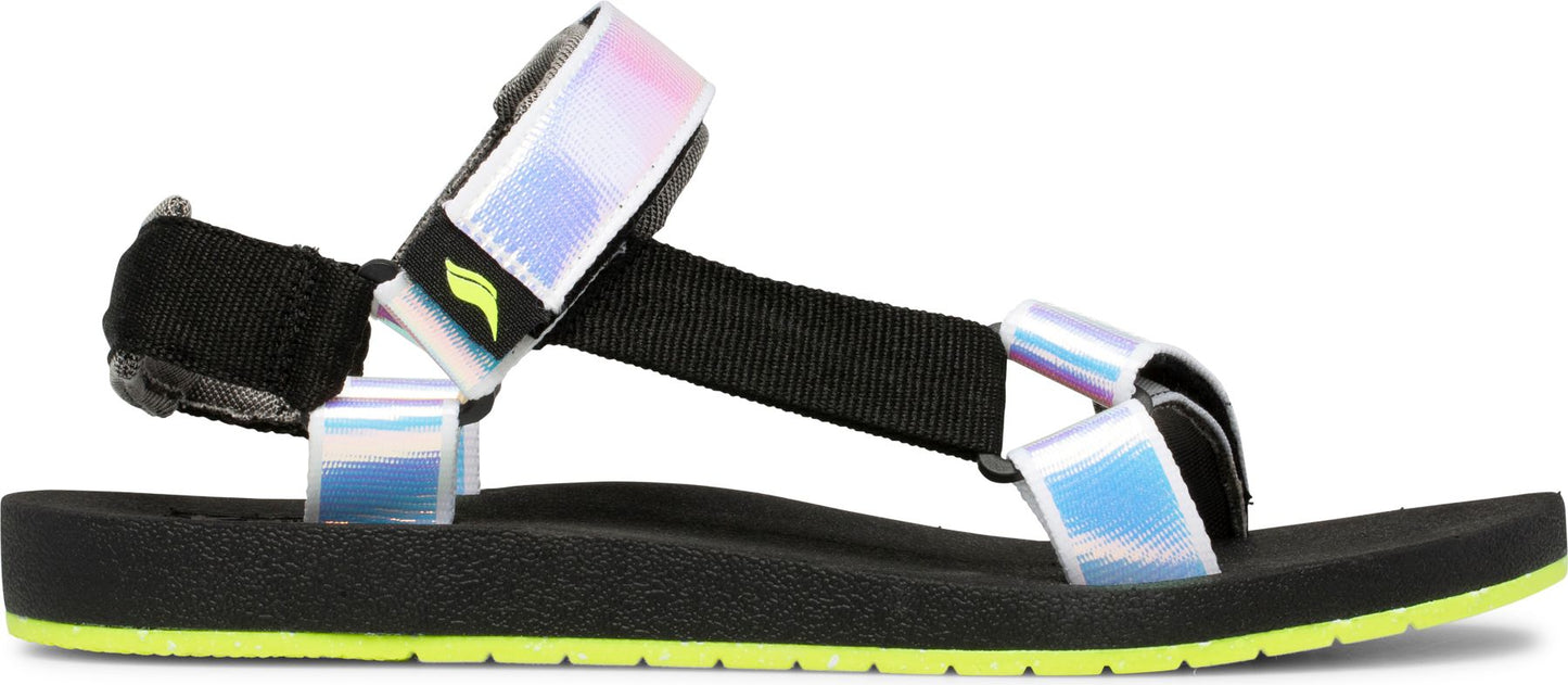 A sandal with black straps and iridescent accents.