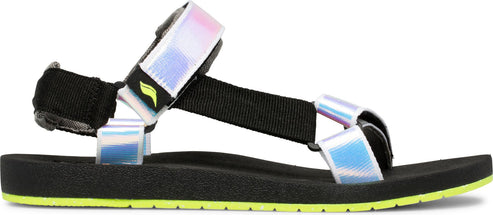 A sandal with black straps and iridescent accents.