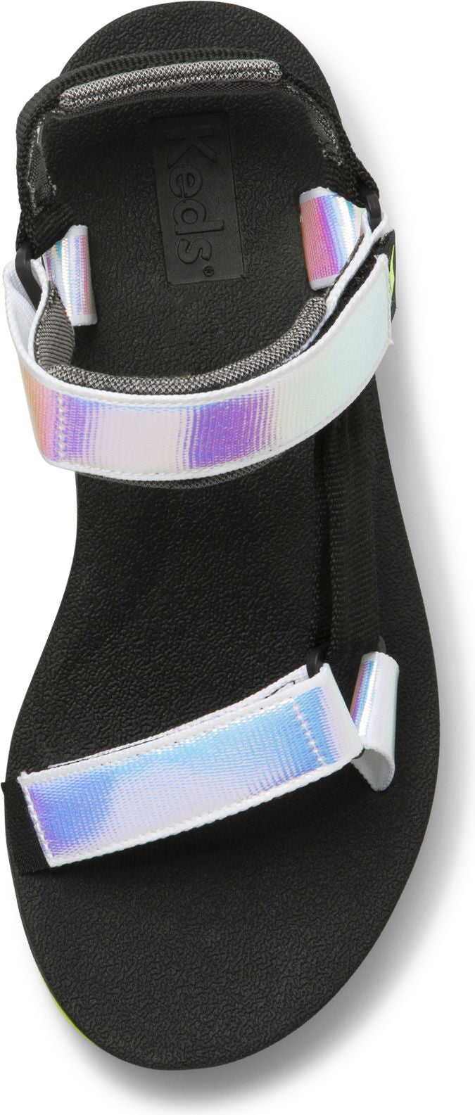 A sandal with iridescent straps over a black footbed.