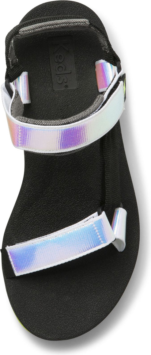A sandal with iridescent straps over a black footbed.