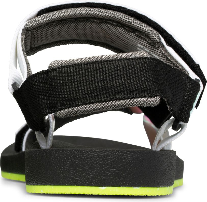 Back view of a sandal with black platform, a neon green sole, and black, gray, and white straps.