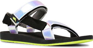 A sandal with iridescent white and black straps and a black sole with a neon green accent.