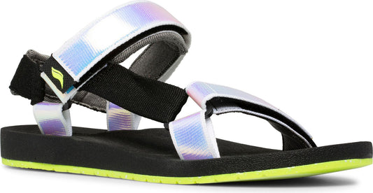 A sandal with iridescent white and black straps and a black sole with a neon green accent.