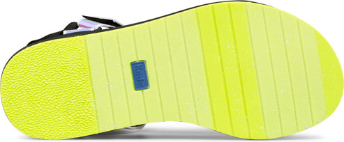 A shoe sole with yellow tread.