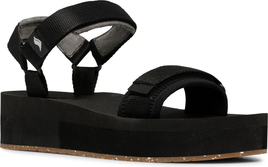 Black platform sandal with adjustable hook and loop straps.