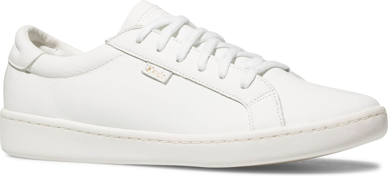 A white low-top sneaker with white laces and a white sole.