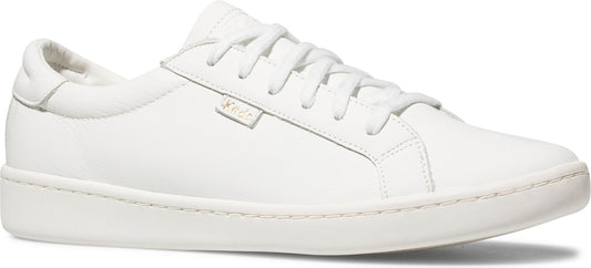 A white low-top sneaker with white laces and a white sole.